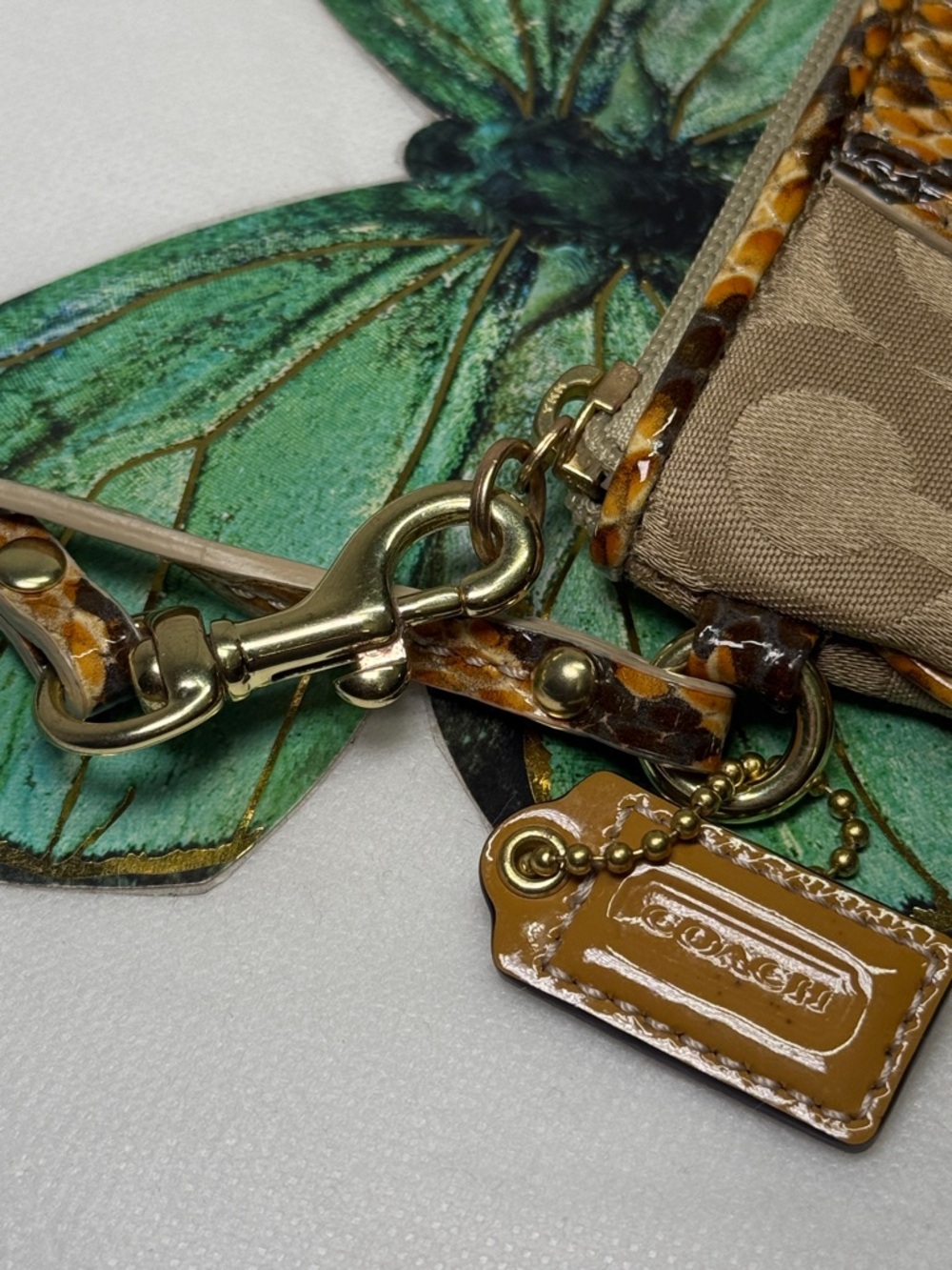 EUC Coach Tan Signature Wristlet with Snakeskin Trim Khaki Signature C Canvas - Picture 11 of 12